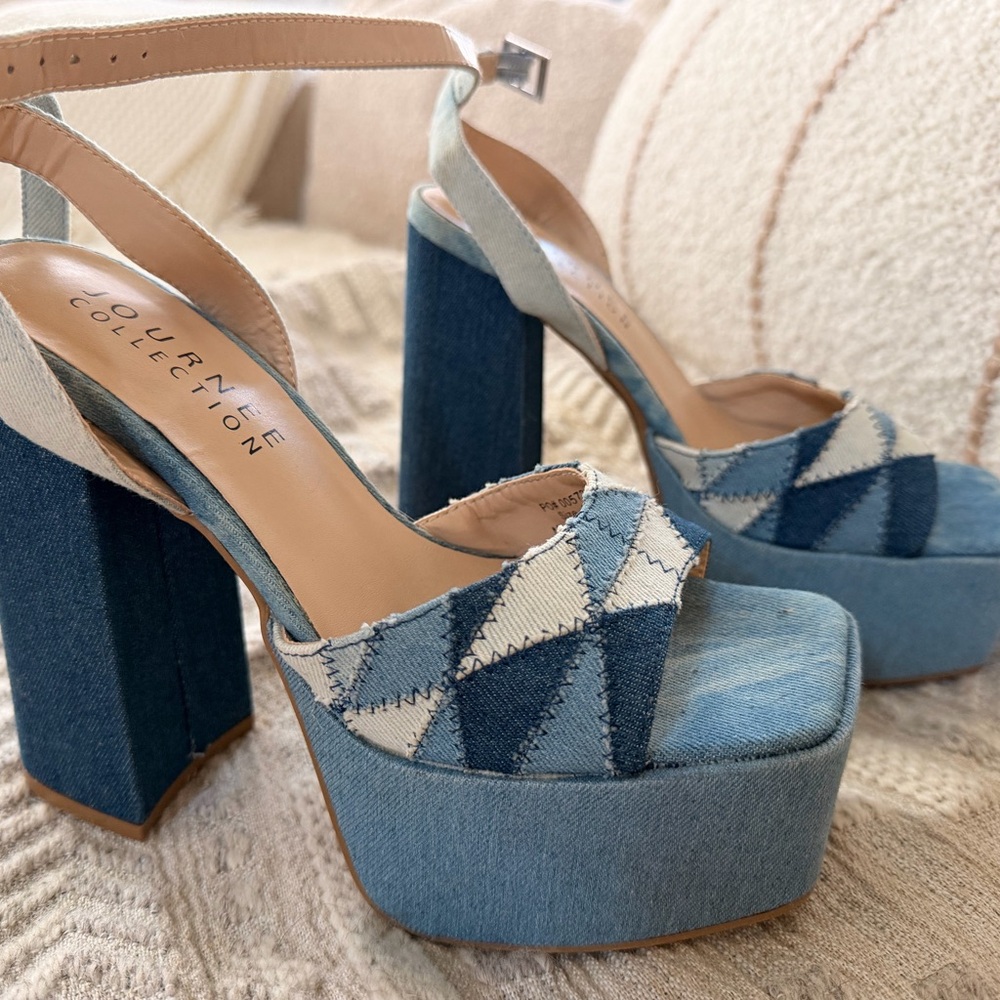 Journee Collection Patchwork Denim Platform Heels - image 3